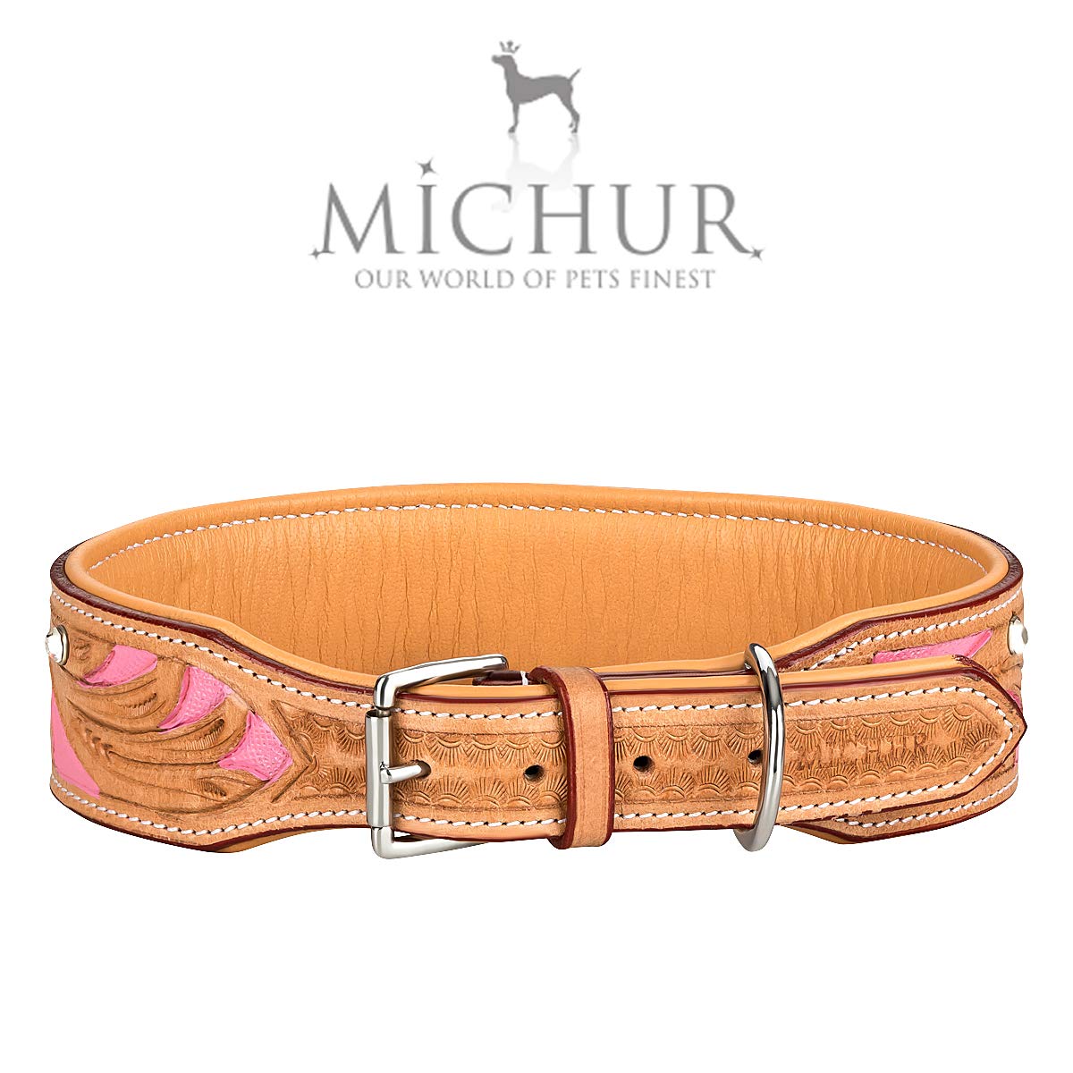 MICHUR Pinklady Hundehalsband Leder, Beige, Pink | Lederhalsband Hund, Caramel, Braun, Halsband beige, mit Stanzungen, Mit Strasssteinen, in verschiedenen Größen erhältlich