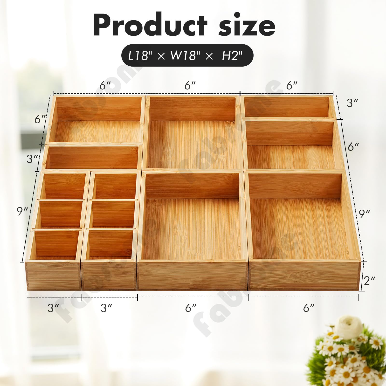 Fabsome Schubladen-Organizer, Bambusholz, für Küche, Make-up, Schreibtisch, Junk, Tee, Schublade, Aufbewahrungsboxen für Besteck, kleine Holzbehälter für Badezimmer, Büro, 9 Stück
