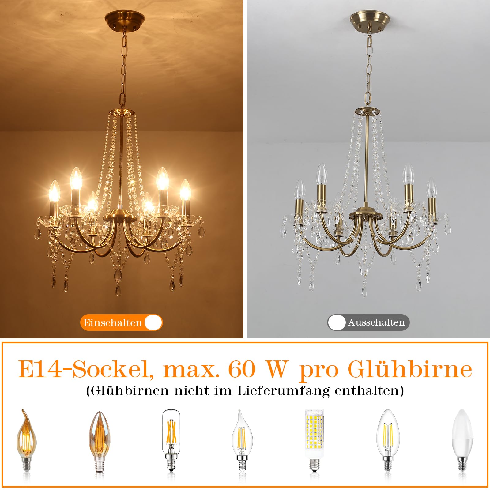 Gold Kristall Kronleuchter Modern, 6 Flammig Vintage Kristall Lampe Deckenleuchte Kronleuchter Wohnzimmer Hängeleuchte E14, Goldene Hängelampe Metall Pendelleuchte für Schlafzimmer Küche Esszimmer