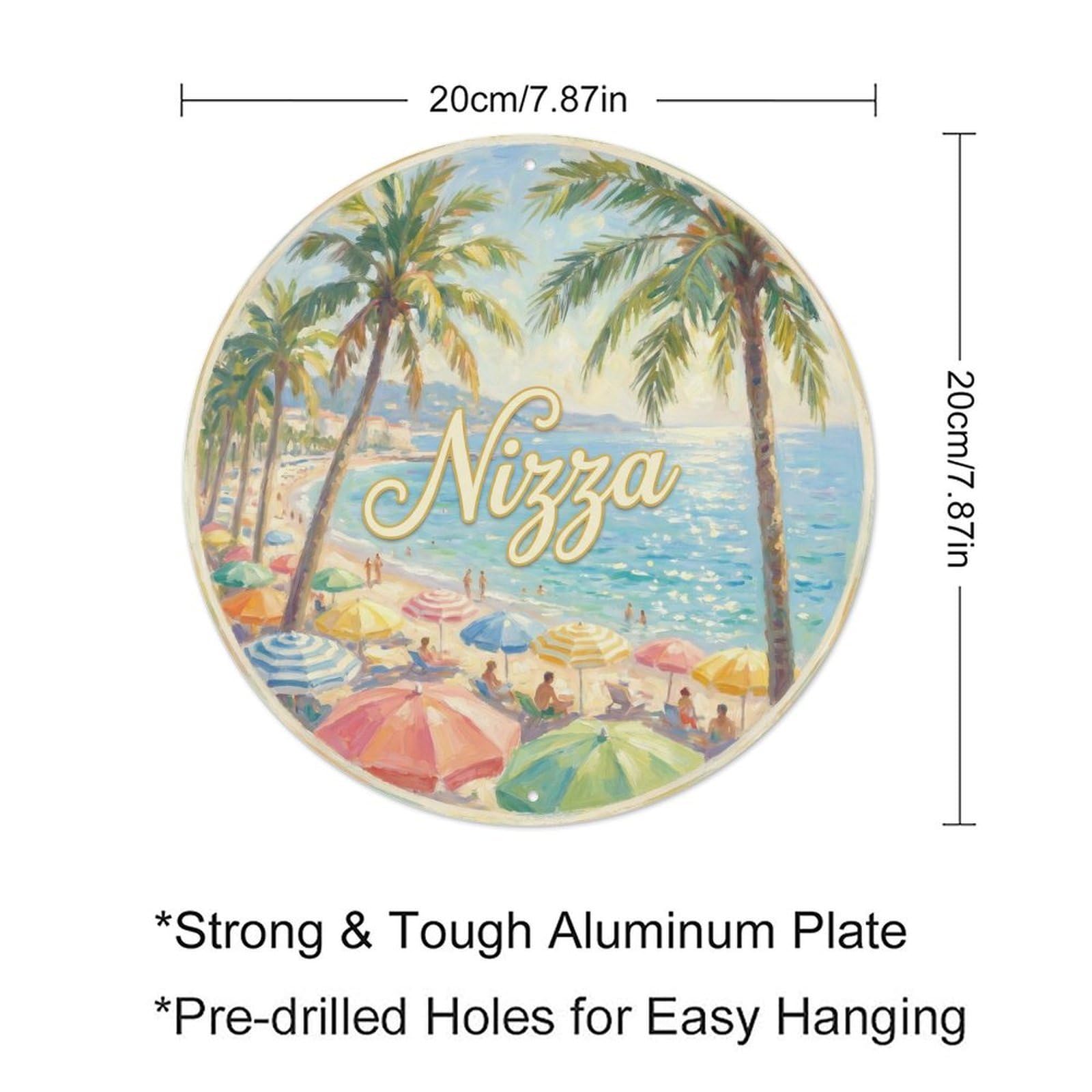 Nizza French Riviera Beach Umbrellas Impressionist Travel Metal Tin Sign Plaque Wall Decor for Cafe, Man Cave, Club Bar, Office, Home Garden Round Metal Poster 8x8Inch
