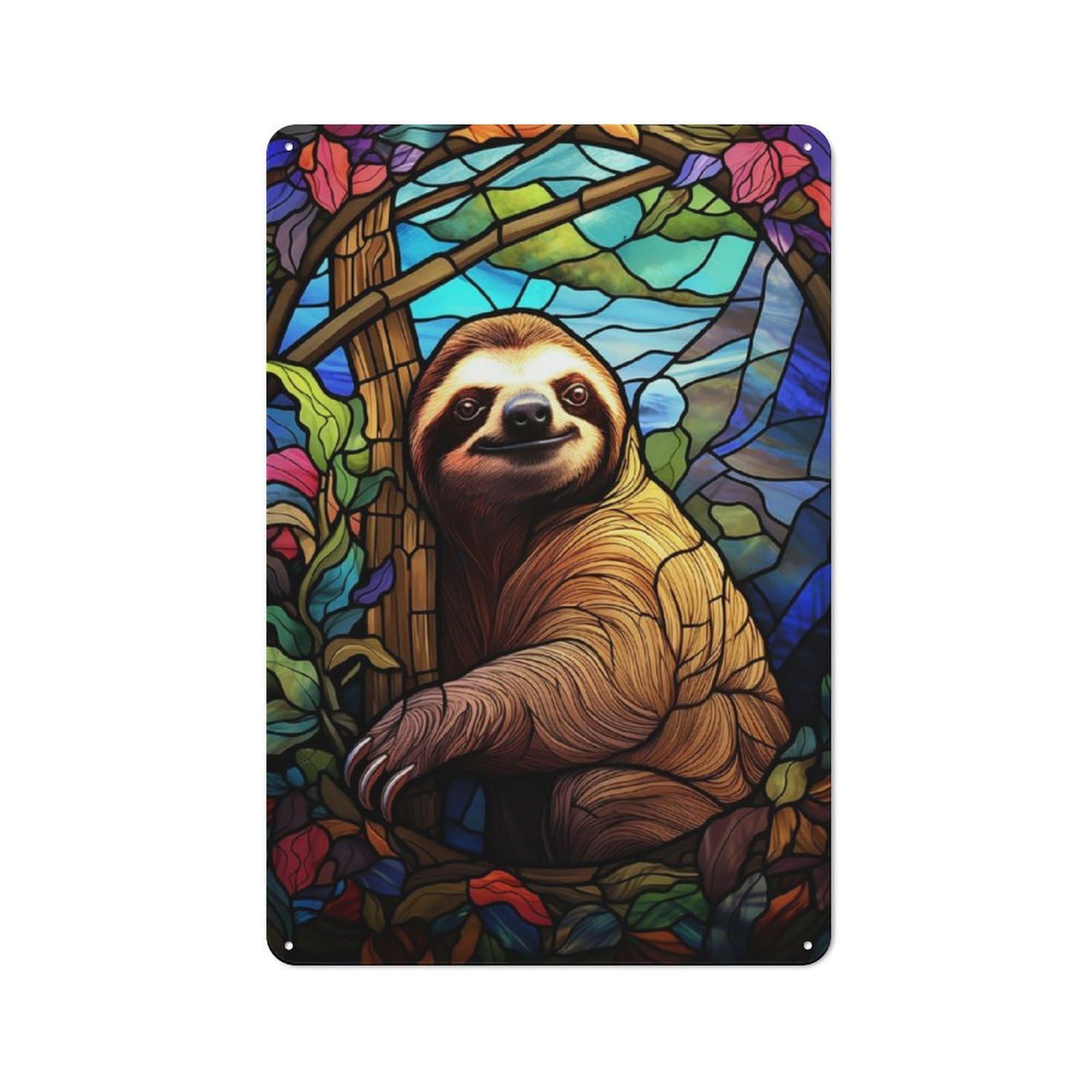 Junmoney Sloth Stained Glass Window Rustic Tin Wall Sign 30X20cm, Kitchen Wall Decor For Bakery, Diner, Cafe Or Family Room