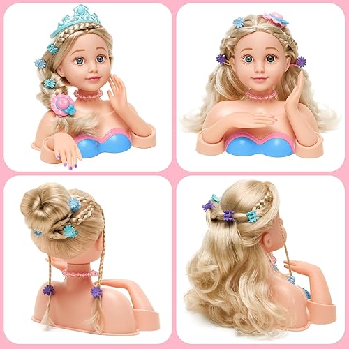 Miniatura 4 de Golray Kit de maquillaje de cabeza de muñeca para peinar, arte de uñas, juguetes para niñas, juguete de peluqueríacosméticos reales, secador de