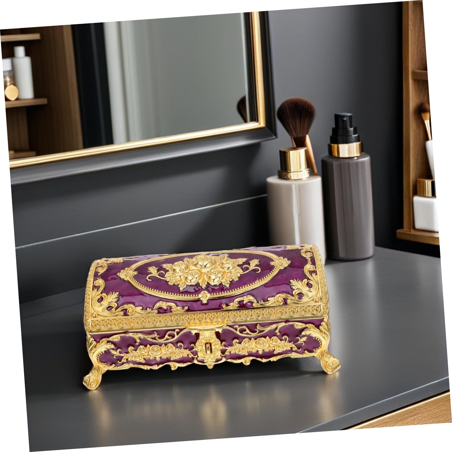 Schmuckkästchen Aufbewahrungsbox für Damen aus Legierung Vintage als Dekorative Schmuckschatulle Kompakte und Vielseitige in Violett Elegantes Retro Design für Zuhause