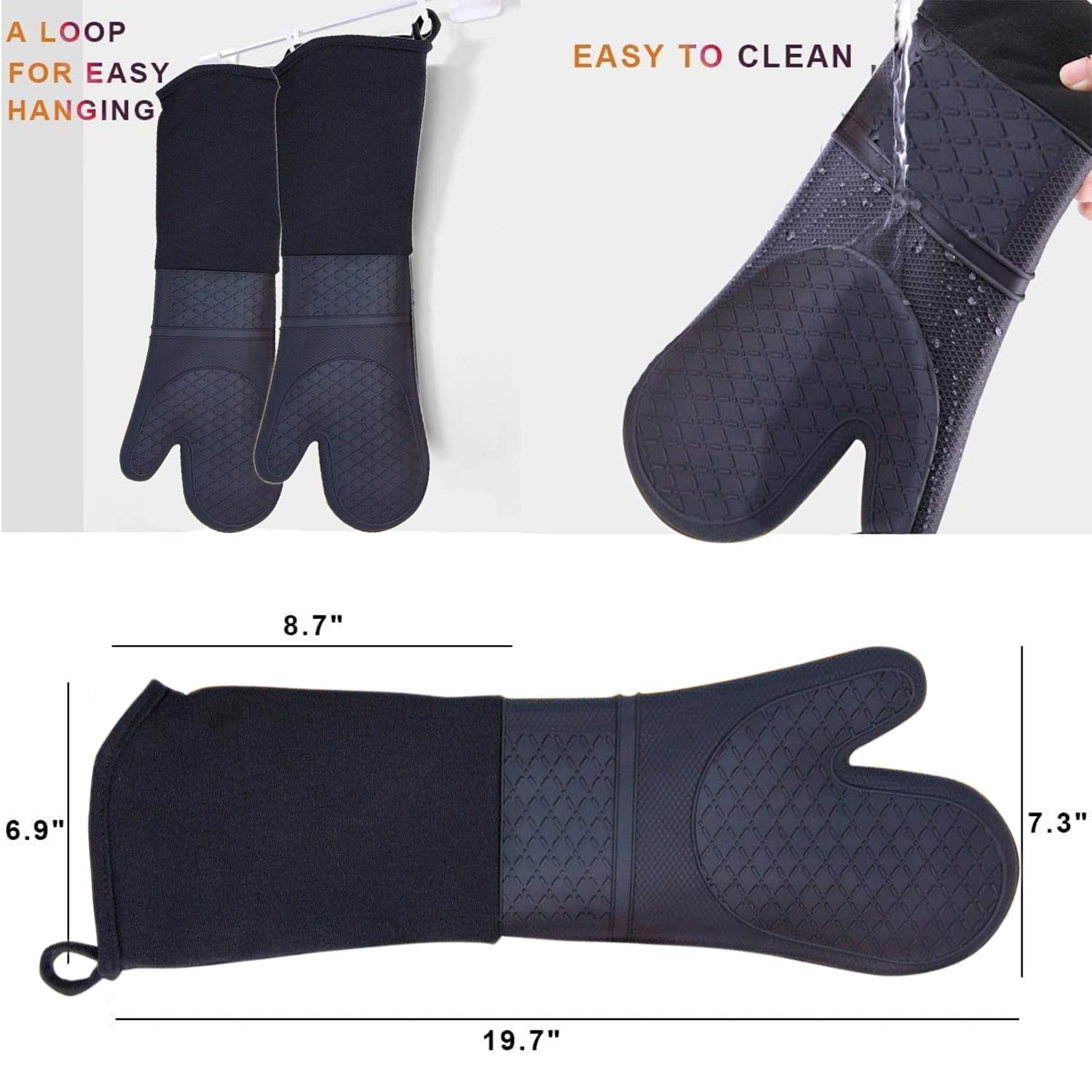 Guanti da forno professionali in silicone, 1 paio extra lunghi, resistenti al calore, da cucina, con fodera in cotone trapuntato