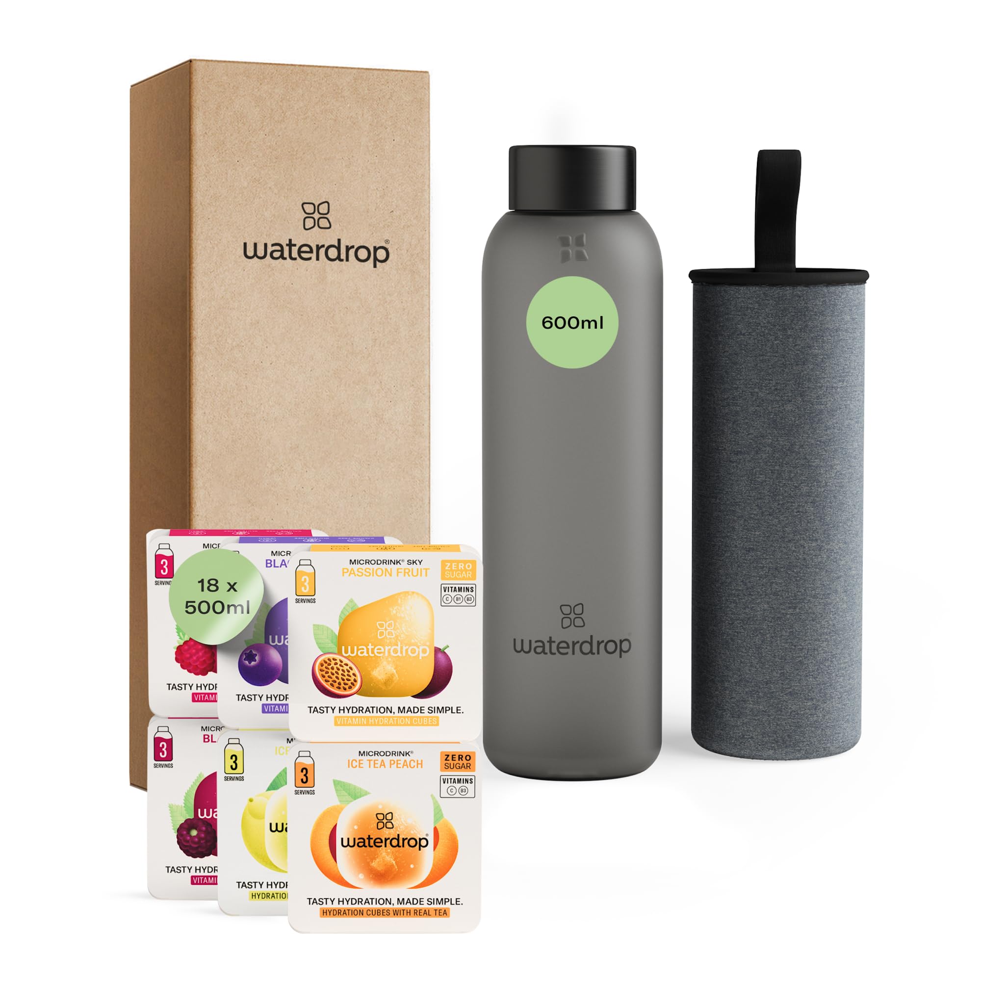 waterdrop® Set Scoperta, Borraccia in Vetro 600ml + 18 cubetti per acqua, Set Confezione Regalo per Donna e Uomo, Degustazione: 6 gusti aromatizzanti, 0 zucchero, Bottiglia per acqua