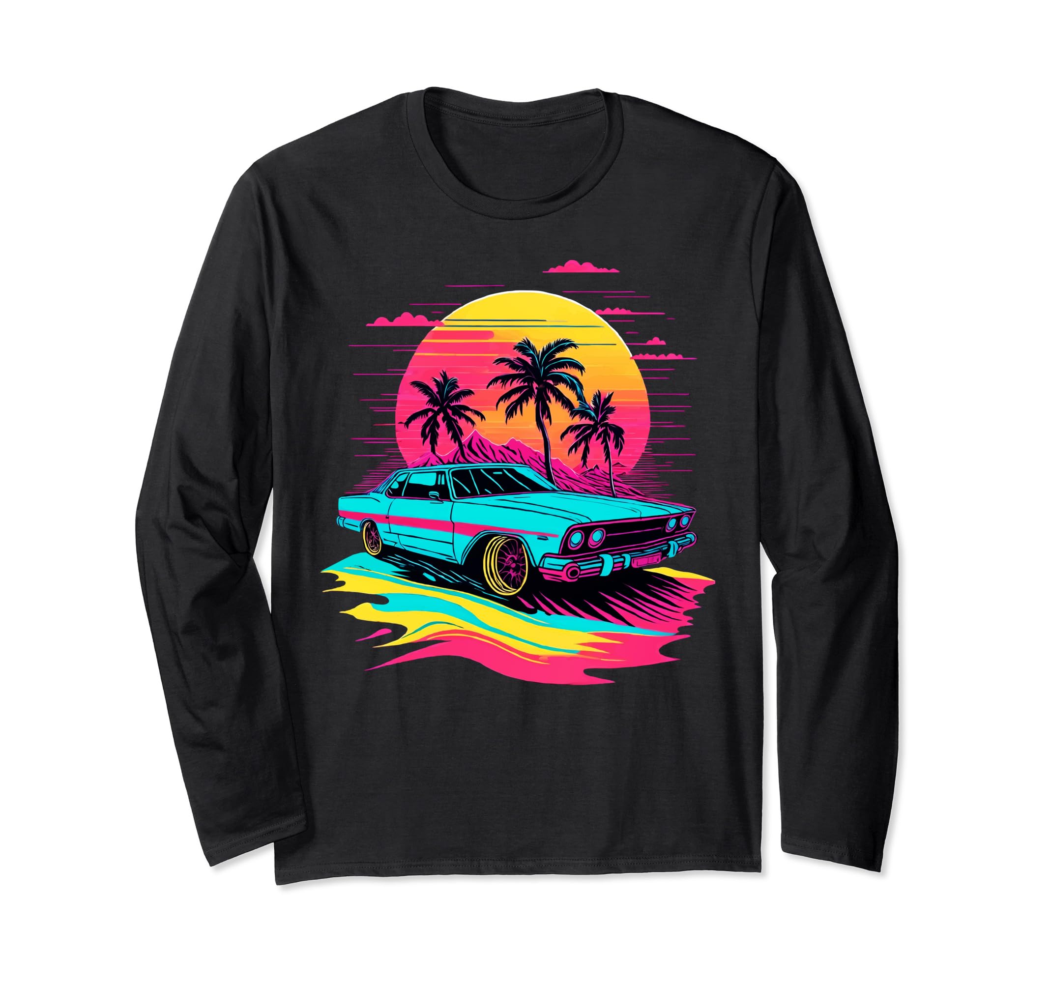 Vibrant Classic Car with Sunny Palm Scenery Design Long Sleeve T-Shirt
