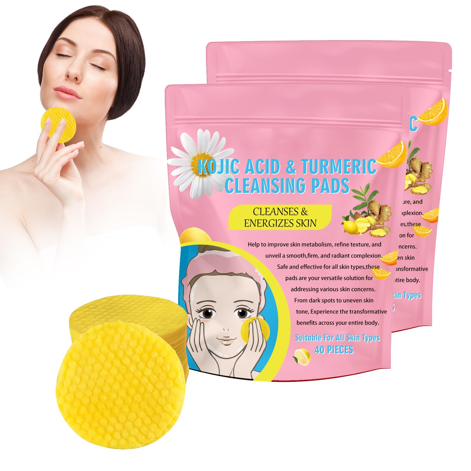 80 Tampons Nettoyants Visage Curcuma Acide Kojique - Exfoliation Douce, éclaircissant Taches - Pour Tous Types De Peau