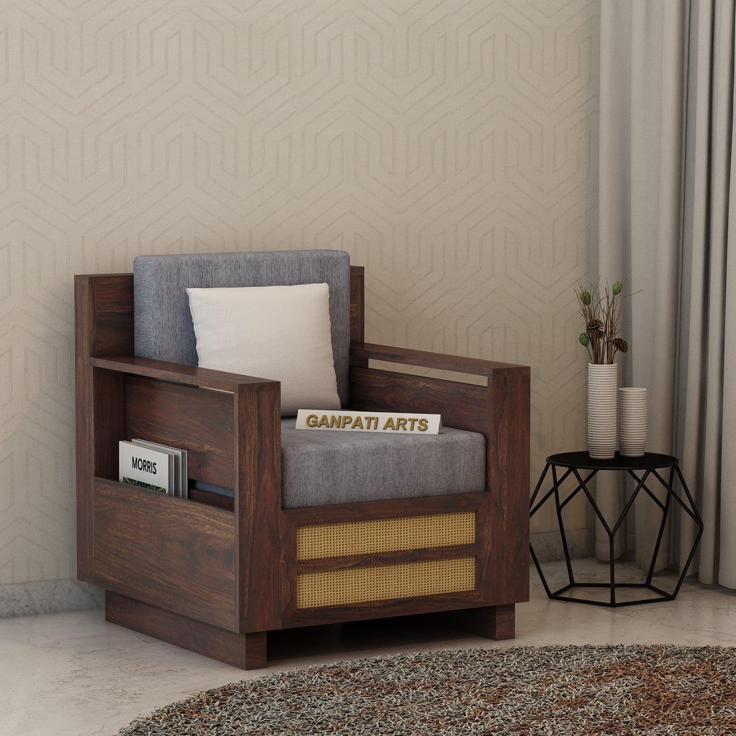 Ganpati Arts Solid Sheesham Wood One Seater Syrus Sofa with Side Pocket and Cane Design Wooden Sofa Set Furniture (Walnut Finish)