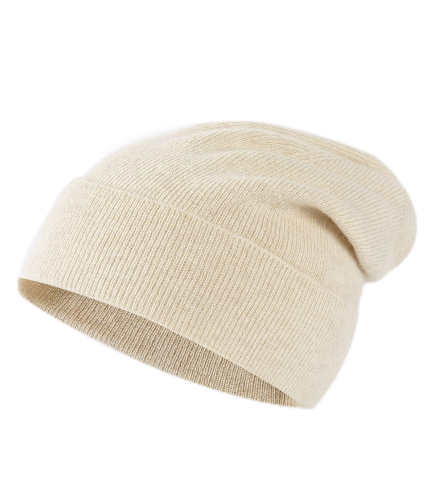 Unisex 100% Pure Cashmere Beanie, Ribbed Cuffed Hat Warm Soft with Gift Box for Women and Men (Cream White)