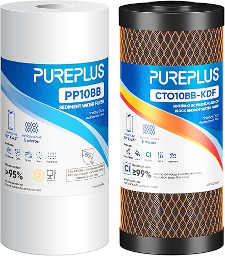 Miniatura 12 de PUREPLUS Combo de filtro de agua para toda la casa de 5 micrones, de 4.5 x 10 pulgadas, con sedimentos y filtro de bloque de carbón activado,