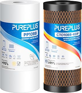 PUREPLUS 10"x4.5" Whole House Water Filter, Sediment & KDF, 5 Micron | 2-Cartridge Combo: Sediment + KDF Carbon Block, Removes Heavy Metals, Reduces Chlorine, Odors, Easy Install