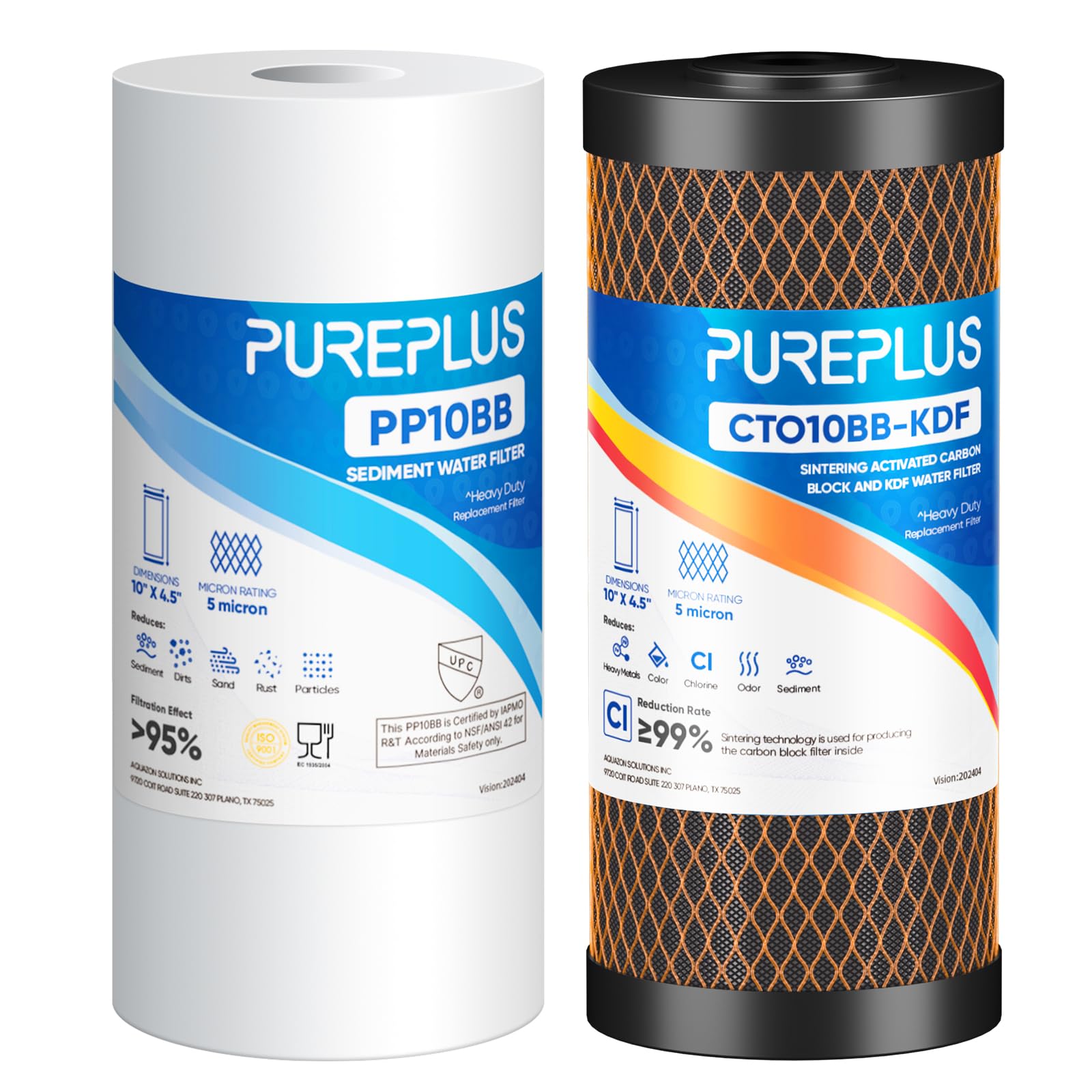 PUREPLUS Kit combinato con cartuccia filtro dell'acqua per tutta la casa, 11,4 x 25,4 cm, con filtro sedimenti, KDF e carbone attivo, kit di ricambio per filtraggio dell'acqua da 5 micron, 1