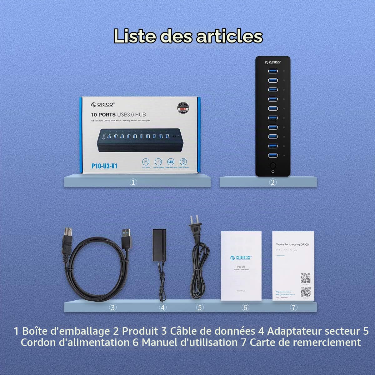 ORICO 10 Ports Hub USB 3.0 avec Interrupteur et Alimentation 48W (12V 4A), 5 Gbps Speed Data Hub pour PC de Bureau Ordinateur MacBook iMac, Inclure Câble, Adaptateur und Cordon d'alimentation