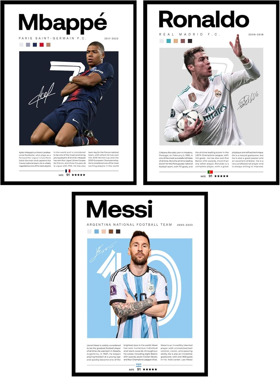 BigWig Prints Soccer Posters for Boys Bedroom - Soccer Player Posters, Decor for Boys Room, Lionel Messi Wall Decor, Cristiano Ronaldo, Mbappe Wall Art - Unframed Set of 3 (12x16”)