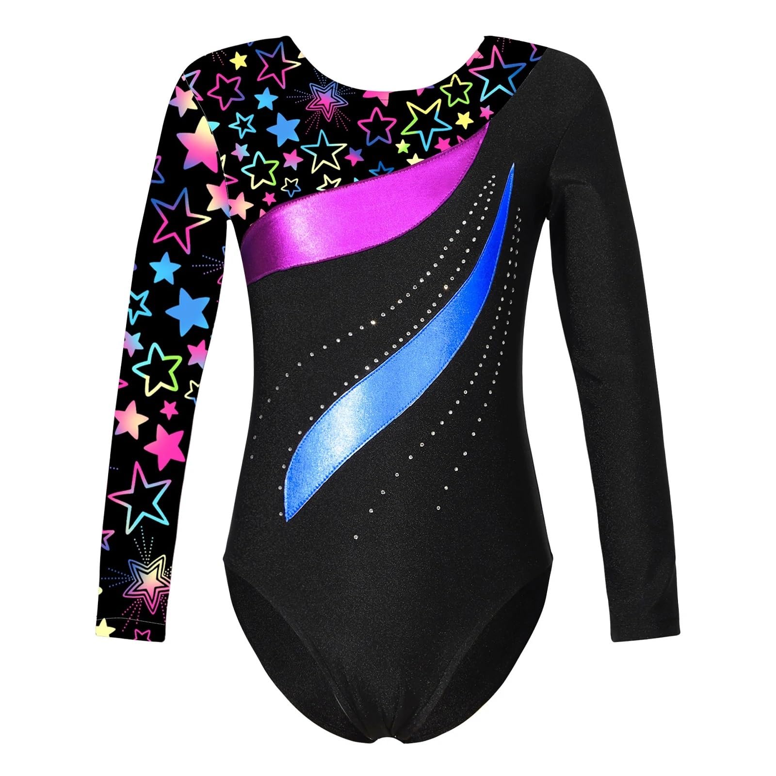 Maillot Gimnasia Ritmica Leotardo gimnástico de Ballet y Danza for niñas, Jersey Estampado de Manga Larga, Traje de Ballet for Patinaje, Danza, Puesta en Escena(Star Black A,16)