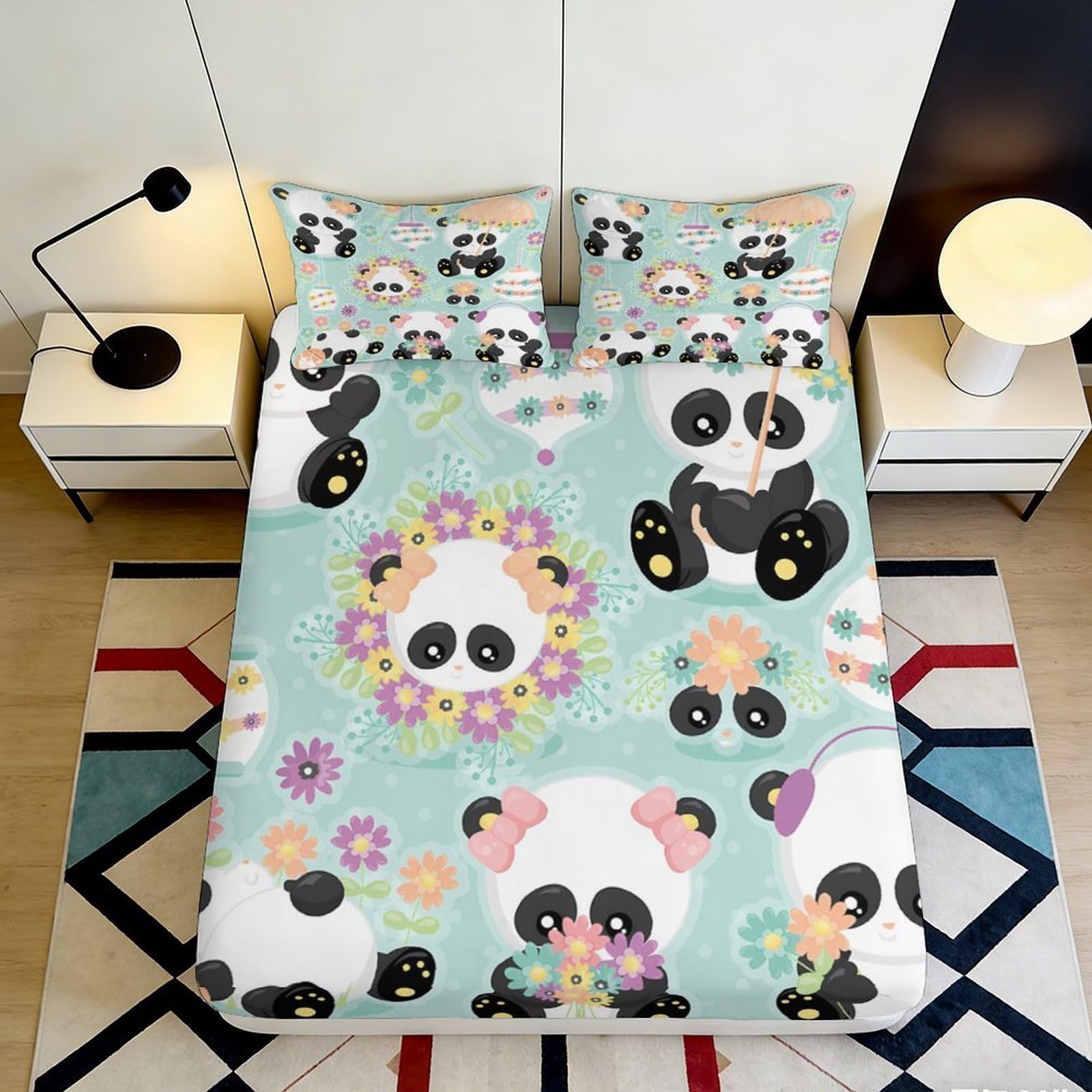 Decorative Panda Fitted Sheet 3D Printed Microfiber, Soft Touch, Bed Cover for Bedroom, Guest Room, Wrinkle Resistant, Apartment Bedding, Easy Care, Turquoise 90x200x25cm