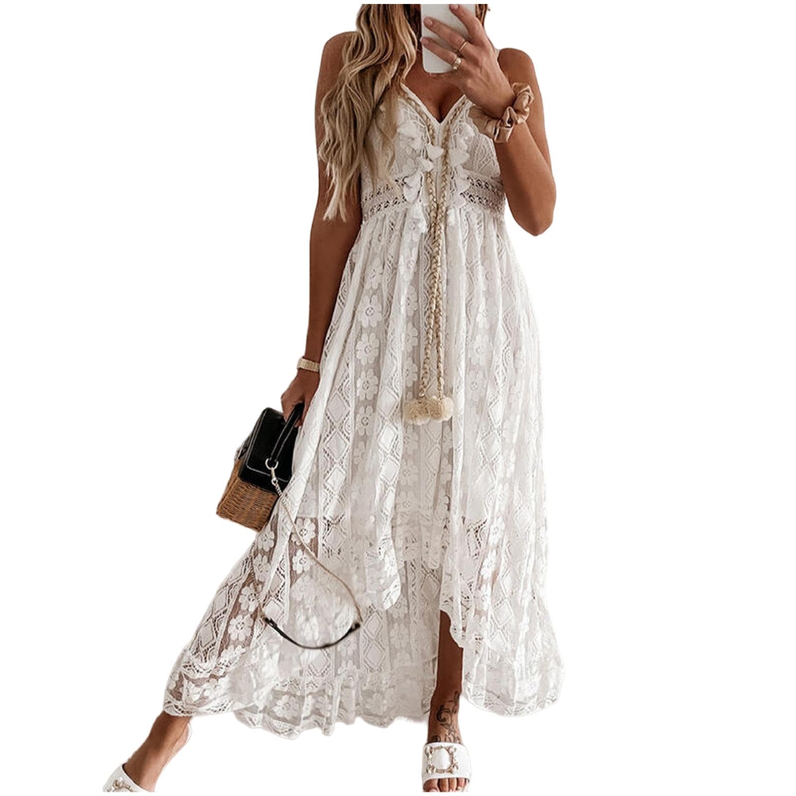 NOGRAX sukienki dla kobiet letnie boho długie sukienki damskie koronkowe dekolt w serek spaghetti pasek sukienka damska bez ramion plażowa sukienka biała sukienka Vestidos De Mujer