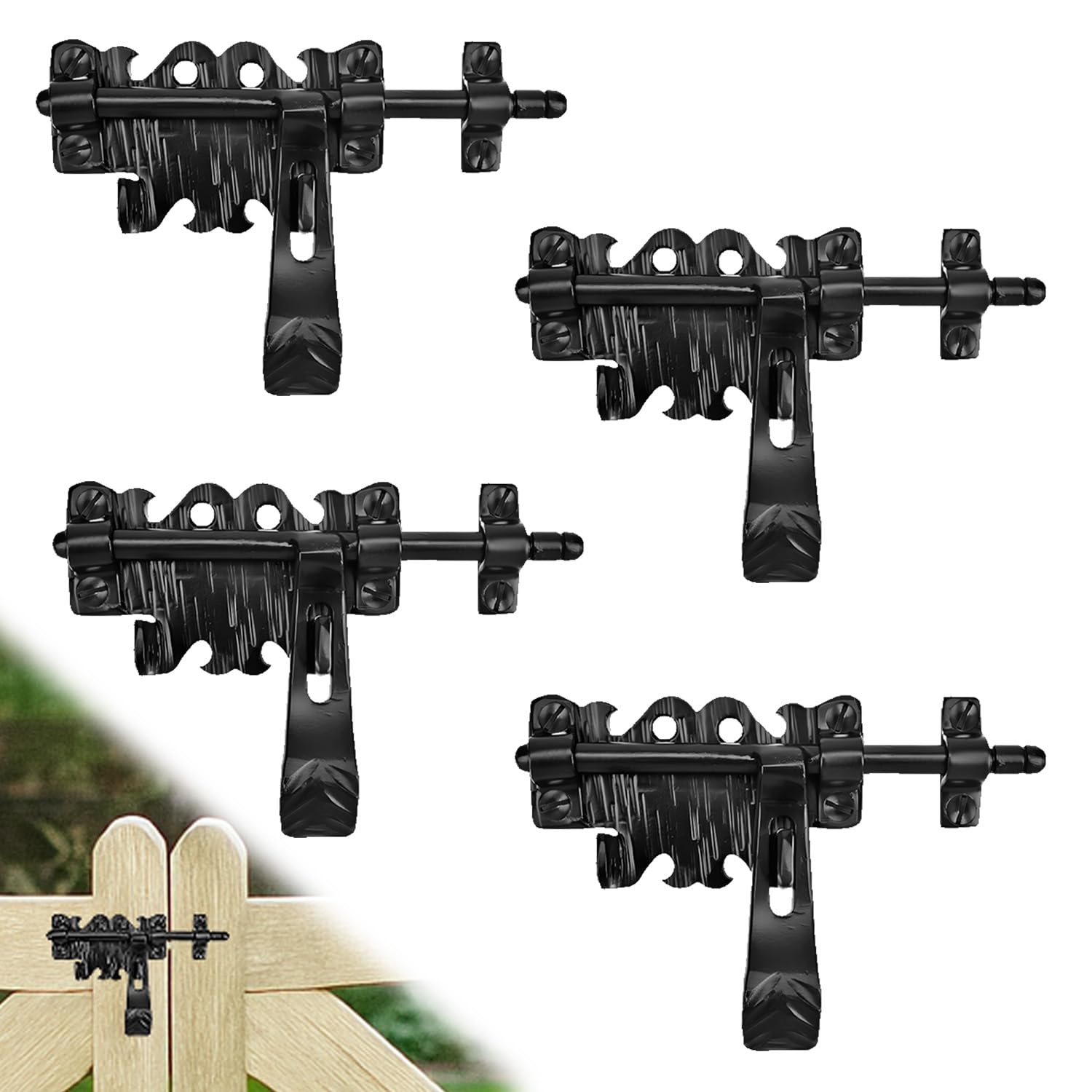 4 Pack 6.75" Bolt Latch for Gates - Black - Decorative Metal Gate Latches - Handmade Rustic Metal Latches for Gates, Doors, Sheds and Fences - Heavy Duty Door Bolt Latch - The Hacienda Series