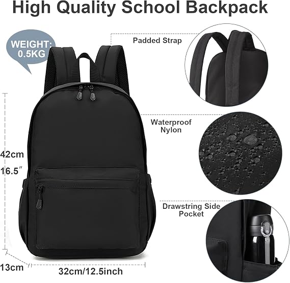 Backpacks for School Lightweight Nylon Rucksack (Black)