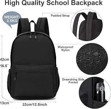 Backpacks for School Lightweight Nylon Rucksack (Black)