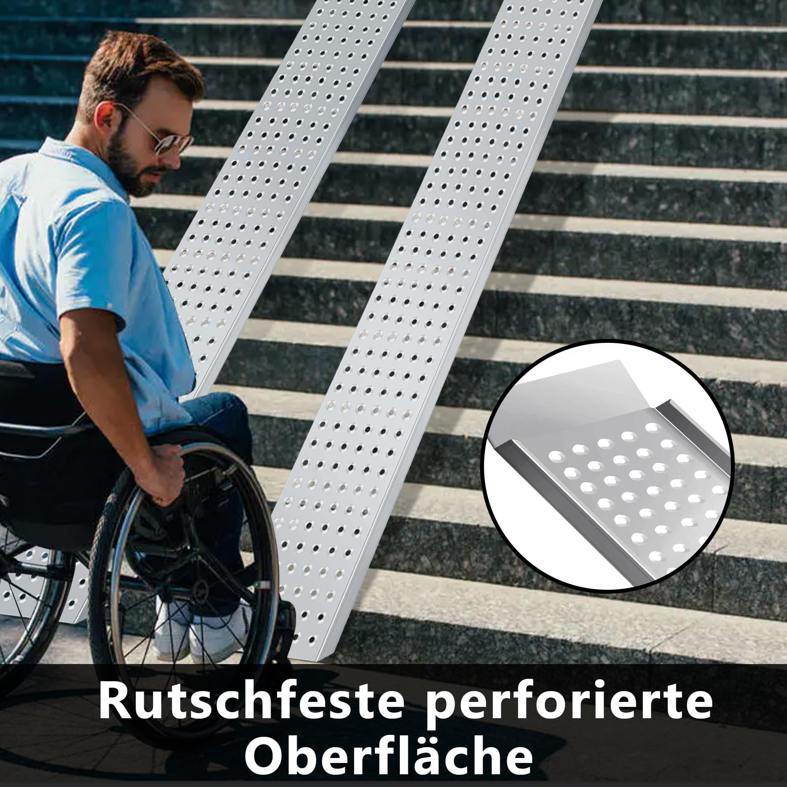 Rampa de acceso para remolque, rampa para silla de ruedas, rampa de acceso para moto, rampa para bicicleta para escaleras galvanizada con una capacidad de carga máxima de hasta 400 kg