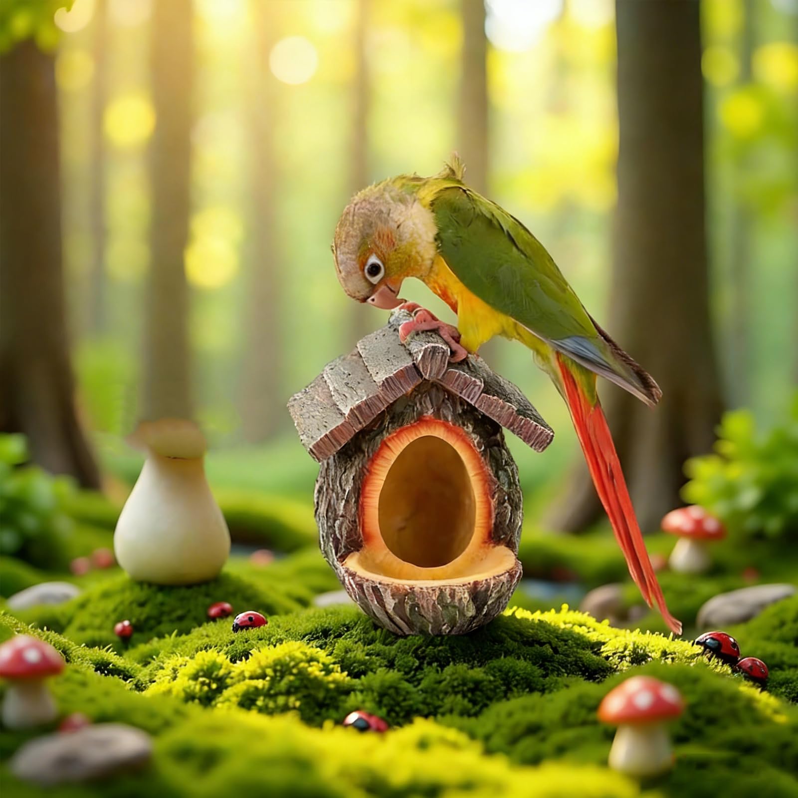 Comedero de pájaros con forma de cabaña de árbol vintage, comederos para pájaros para exteriores, escultura montada en árbol de resina impermeable, diseño abierto, casa de pájaros con bandeja de