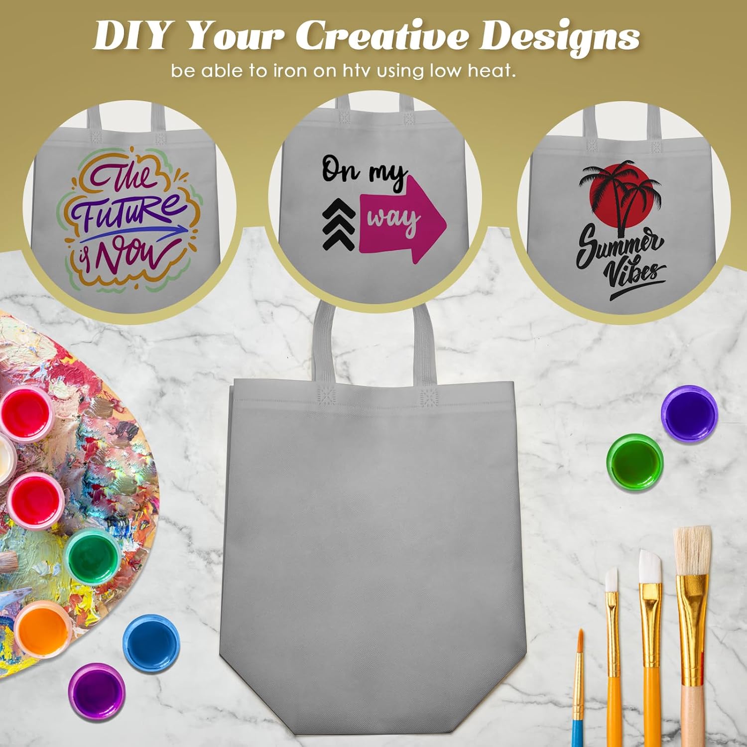 Reginary 100 PCS Reusable Totes Bags - Non Woven Grocery Handle Bags for Shop Events & Retail Store(Gray) - Image 5