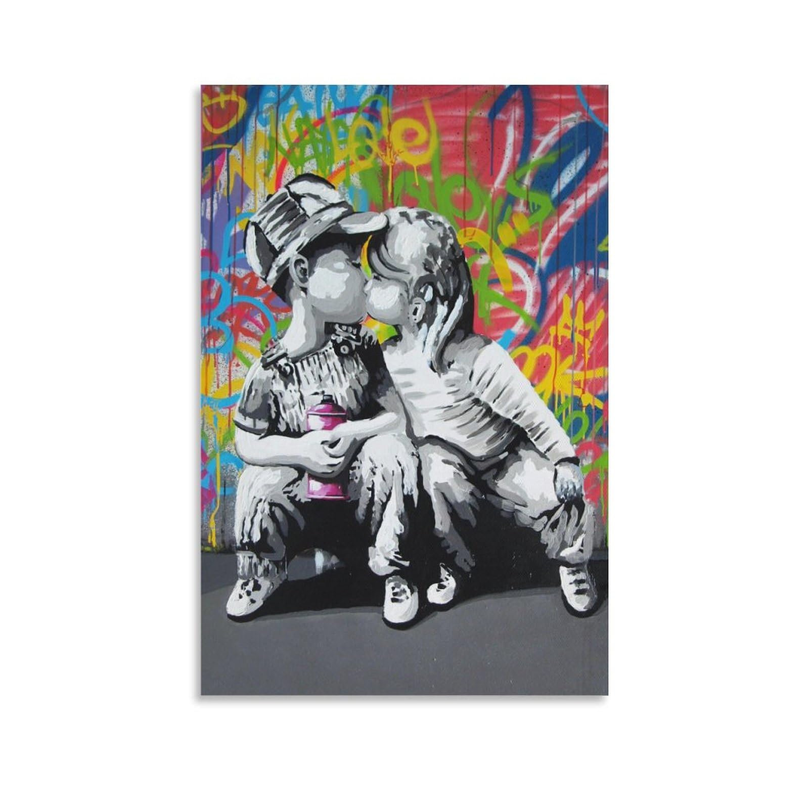 Amazon.co.jp: Banksy バンクシー 子供の無邪気な愛のキス 油絵 