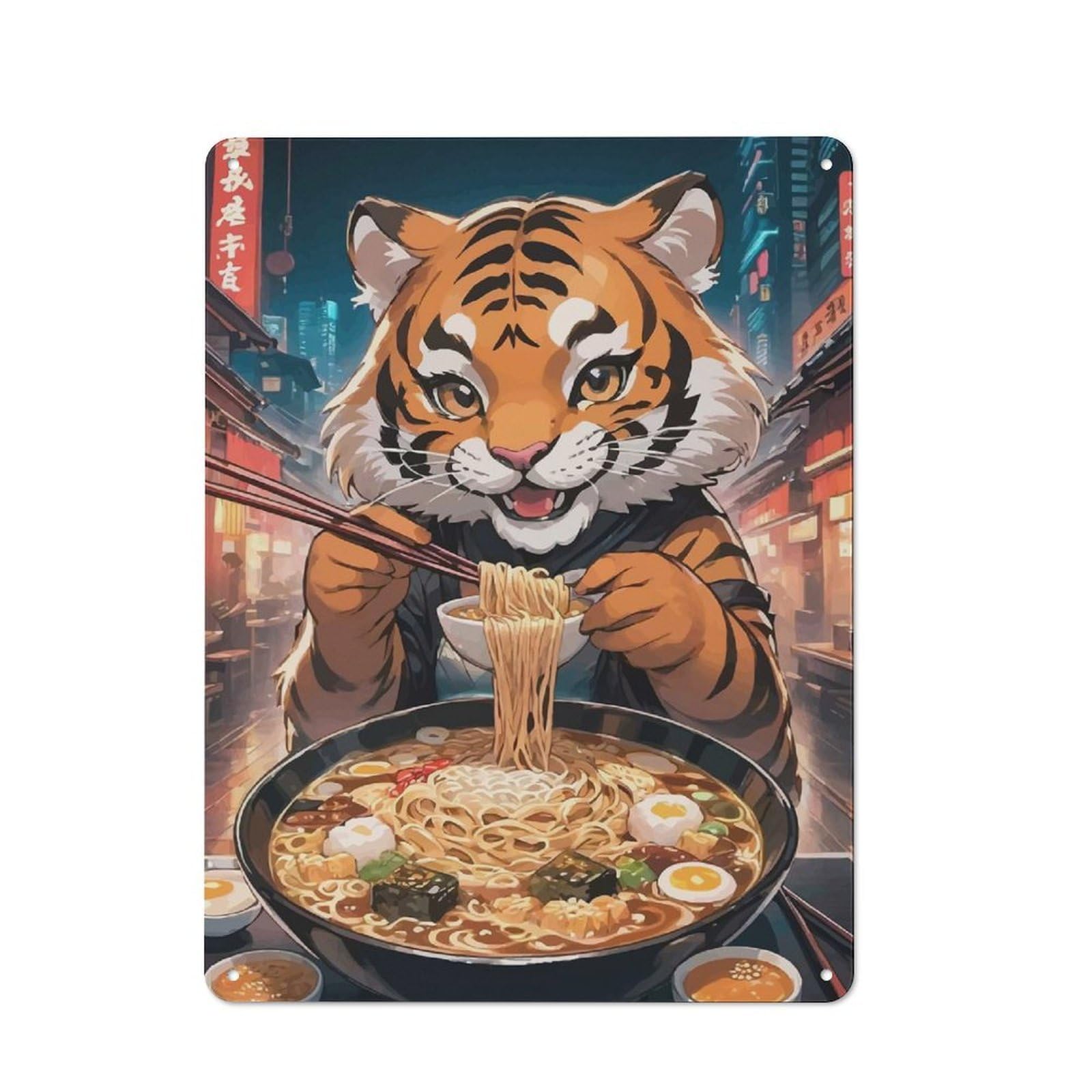 Decorative Metal Plaque with Tiger Eating Ramen Design 40x30cm, Vintage Porch Wall Decor for Shed, Garden Room, Porch Or Garage