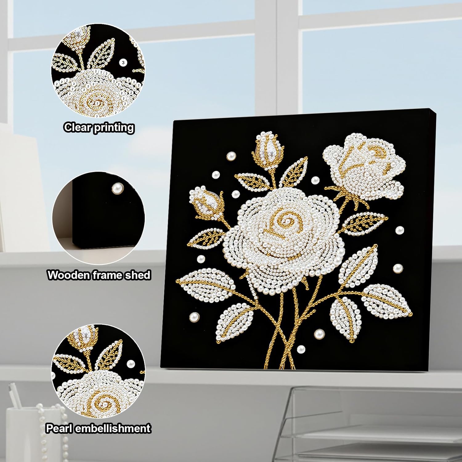 Pearl Diamond Art Kit for Adults, 3D Rose Flower Pearl Painting with Wooden Frame - DIY Pearl Art Craft Kit, Ocean Gemstone Diamond Dot Painting, Home Wall Decor Ready to Hang Gift for Women (25x25cm)