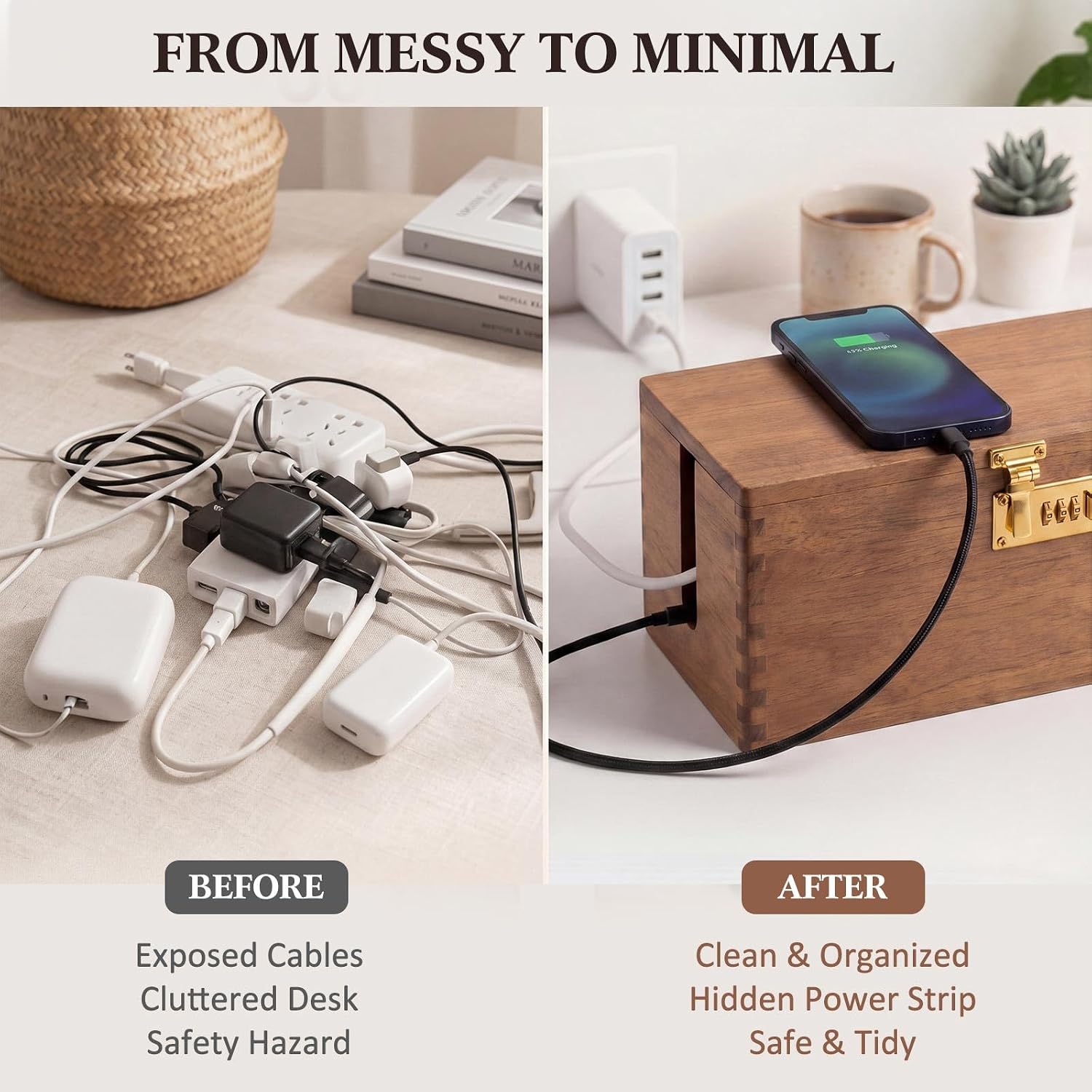Novabright Acacia Wood Cable Management Box, Power Strip Cover Box Baby Proof, Cord Hider with Combination Lock, Organizer Vintage Home Decoration for Cord & Cables, Protects Small Hands & Fingers