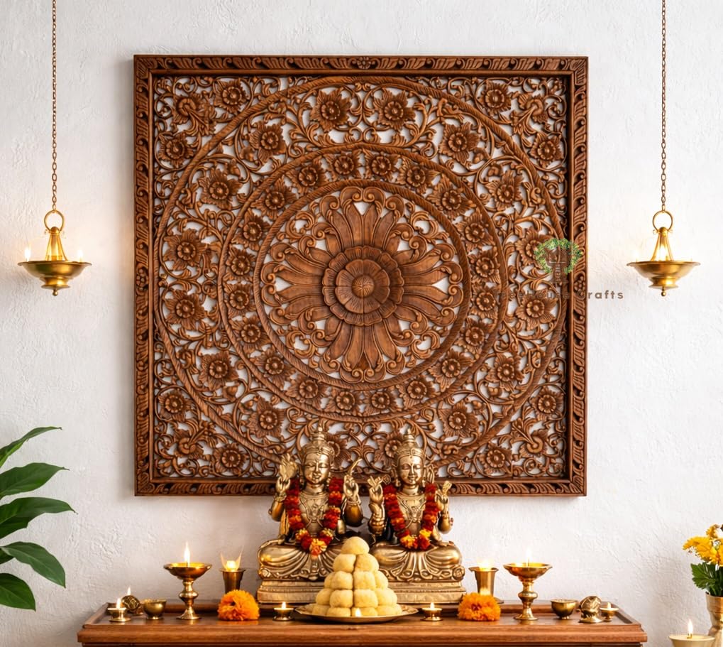 TreeHouse Crafts Hand Carved Wooden Wall Panel | Floral Mandala Design Wall Art | Solid Wood Decorative Wall Hanging | Traditional Indian Handicraft Wall Décor for Living Room, Bedroom, Hall, Office & Puja Room (Classic Carved)