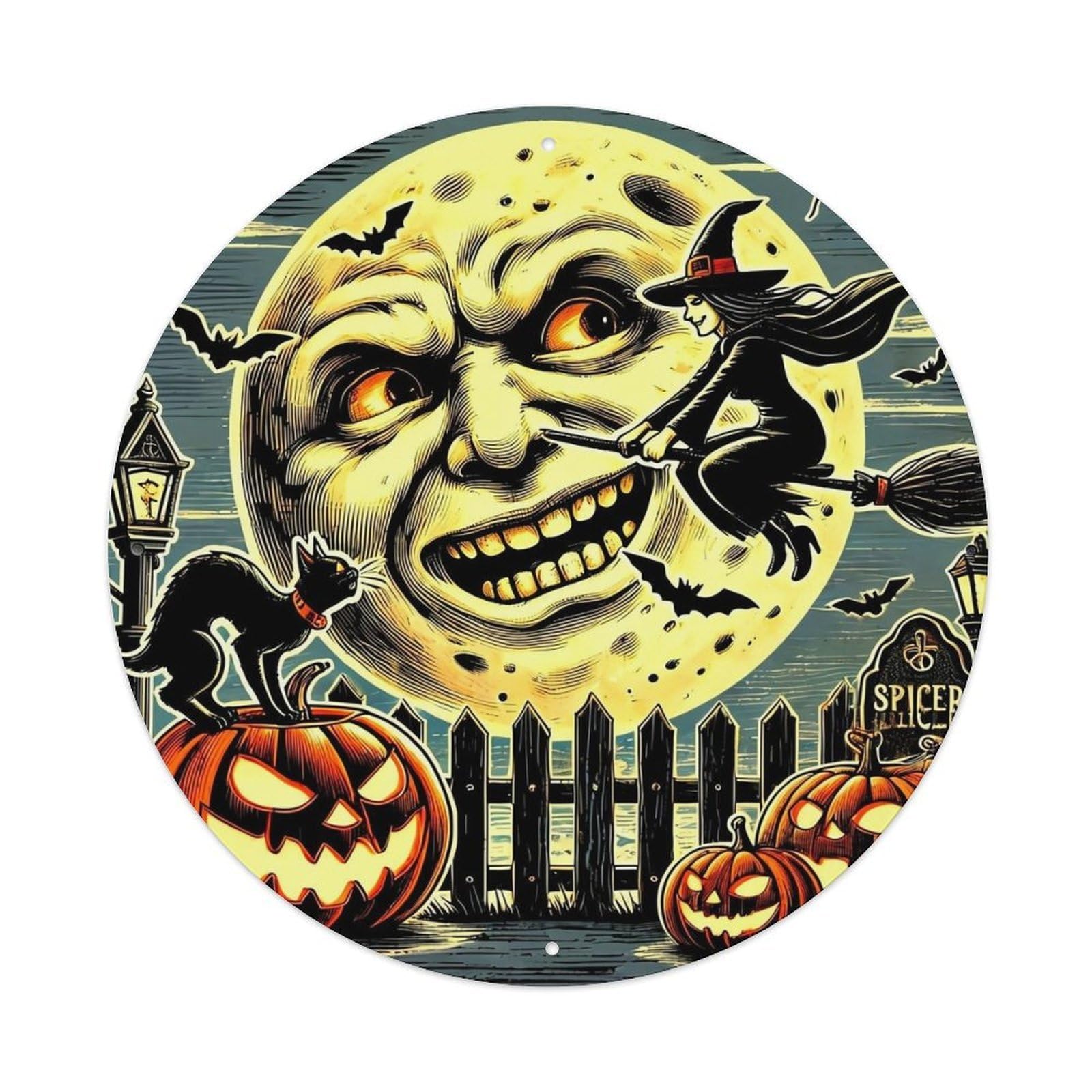 Halloween Moon Witch Pumpkin Bat Round Metal Tin Sign Vintage Wall Decor, Bar Garage Cafe Kitchen Home Wall Art Poster 8x8inches