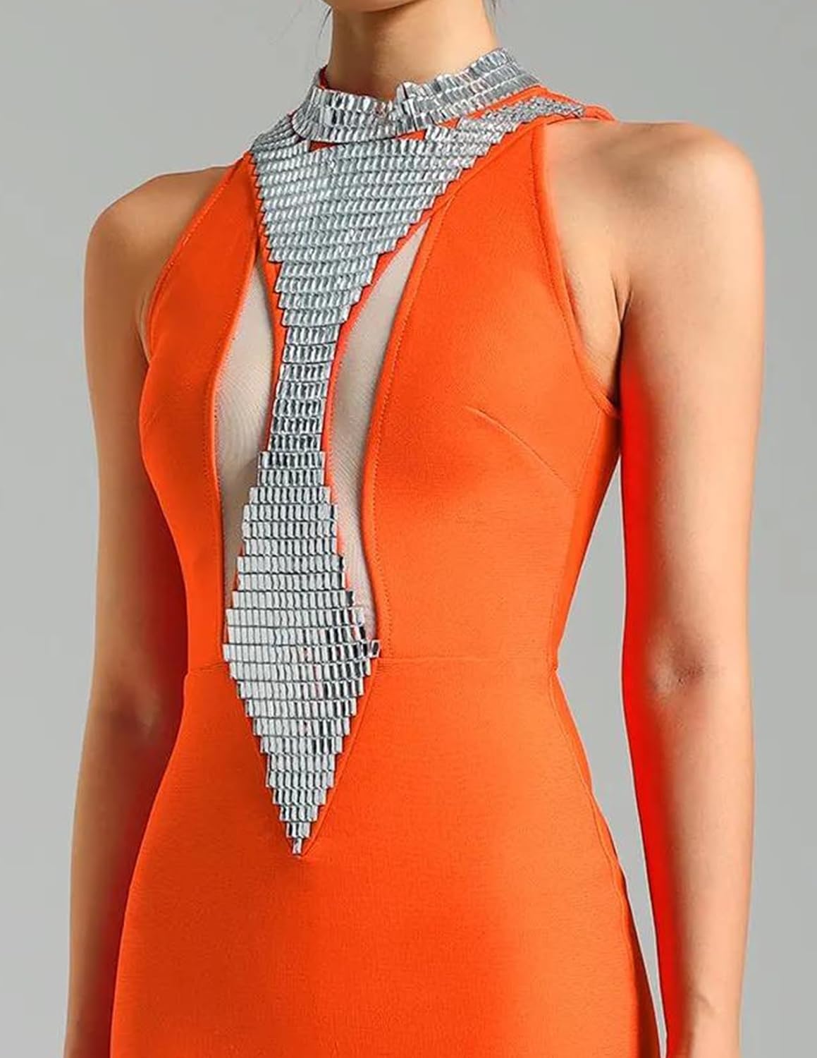 Elegant Bandage Dress Fashion Sequin Dress Maxi Mesh Bodycon Dress Mock Neck Sleeveless Dress for Women