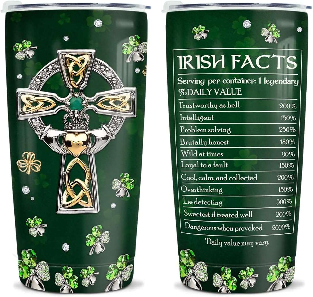 Wassmin St Patricks Day Tumbler Jewelry Style Irish Fact Celtic Cross Stainless Steel Tumbler 20 Oz Cup with Lid Travel Mug Saint Paddy's Day Gifts for Irish Women Men Family Friends