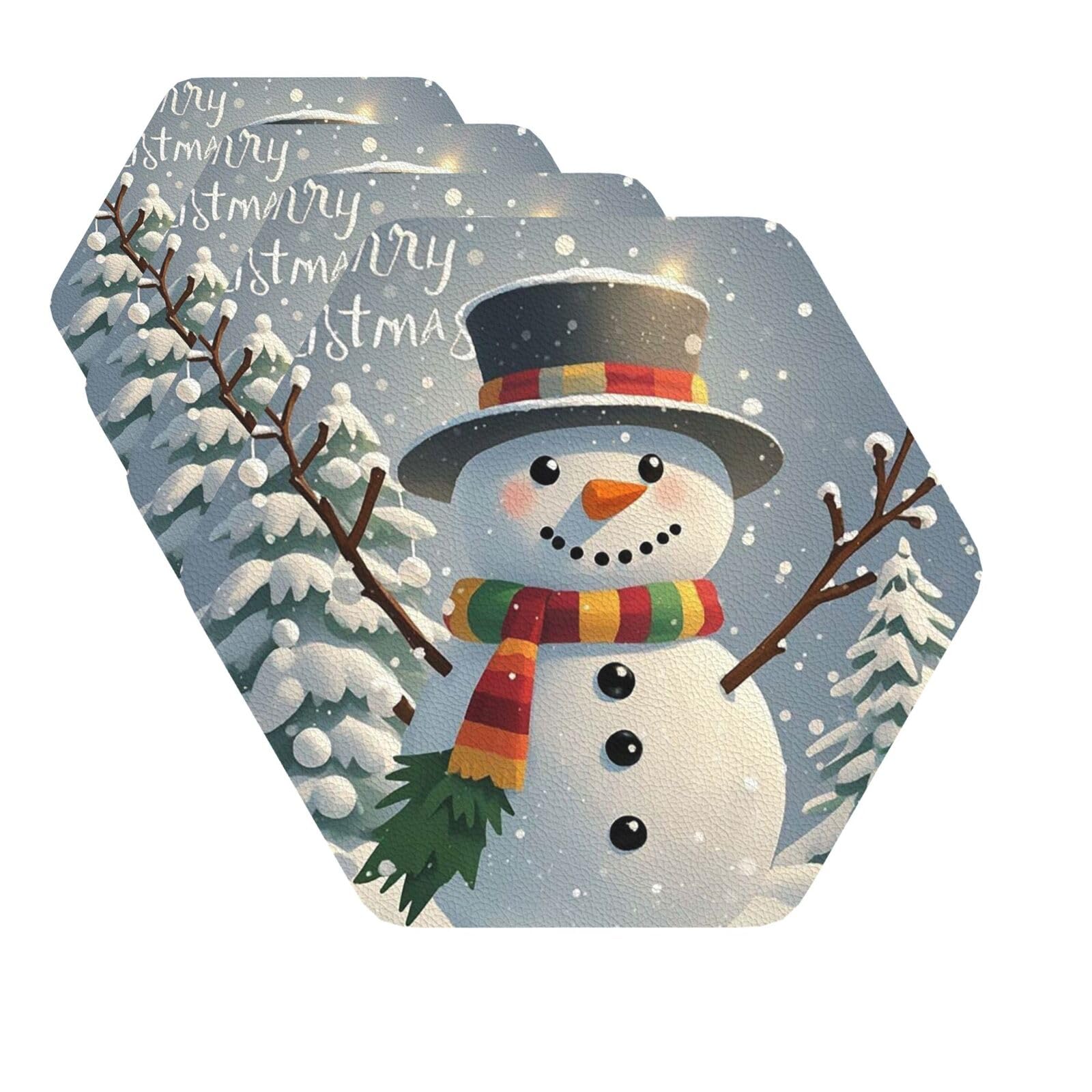 Drink Coasters Set of 4 Quick-Dry Leather Coaster Merry Christmas Snowman Coasters for Drinks Coffee Cup Mat Tabletop Protection Heat Resistant Coaster for Kitchen Bar Office Home Decor