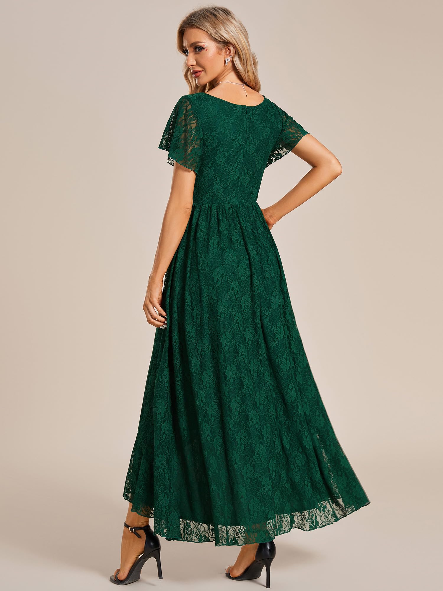 Ever-Pretty Vestito da Sera Donna Lungo Pizzo Scollo a V Maniche Corte Semplice Abiti da Sera EE01489
