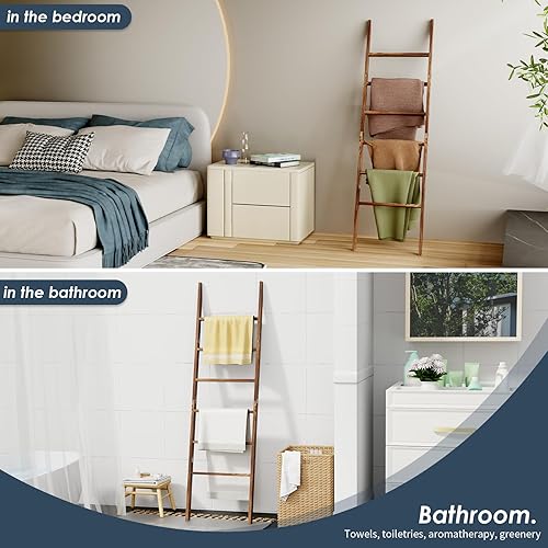 Miniatura 6 de Escalera de madera para manta de 6 niveles, 5.7 pies (66.5 pulgadas), soporte para toallas y mantas, escalera decorativa, fácil montaje, estante
