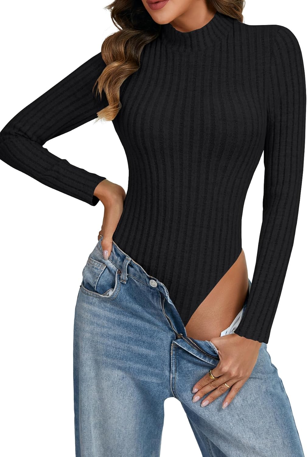 OPOIPIN Women's Turtle Neck Knit Pleated Long Sleeve Slim Fit Bodysuit Top