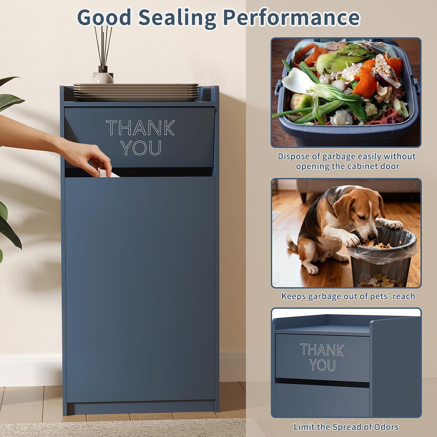 Restaurant Trash Can Cabinet, Commercial Trash Cans 40 Gallon Wooden Trash Can and Garbage Receptacle with Tray Holder, Door, Large Trash Bin for Restaurants, Cafeteria, Kitchen, Office, School, Blue