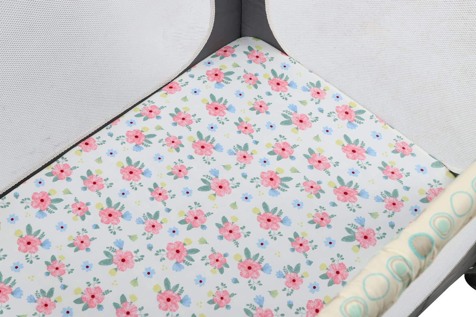 Onacosht Pack n Play Spannbettlaken, für Babys, Mädchen, Blumenmuster, Rosa, 3 Stück | Mini-Kinderbettlaken, Spielard-Matratzenbezug, gestrickt, weich, atmungsaktiv, dehnbar, Spielardlaken