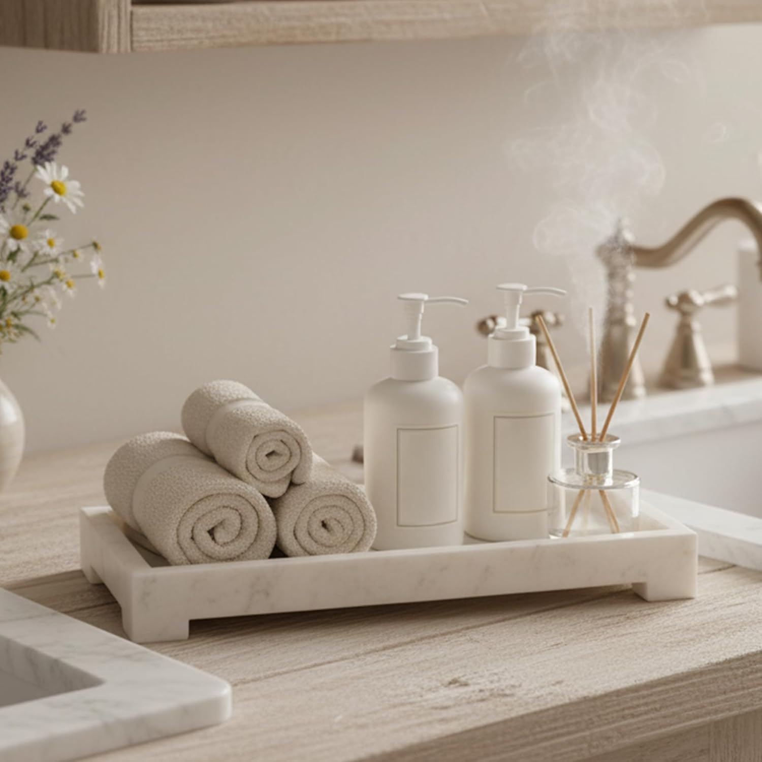 Marble Vanity Tray – White Marble Decorative Organizer for Bathroom, Kitchen, Perfume, Jewelry & Countertop Decor