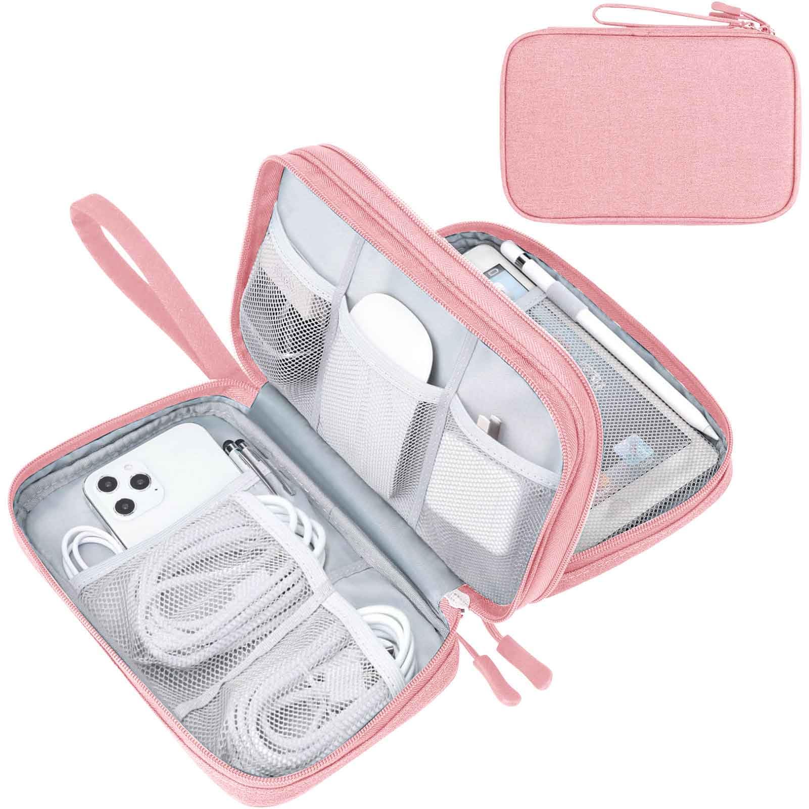 FYY Electronic Organizer, Travel Tech Pouch Bag, Large, Pink | Wrist Strap, Waterproof, Double Layers Portable Electronics Travel Carrying Case for Cord, Charger, Daily Business Trips Use 9.1 x 5.9 x 3.15 inches Pink