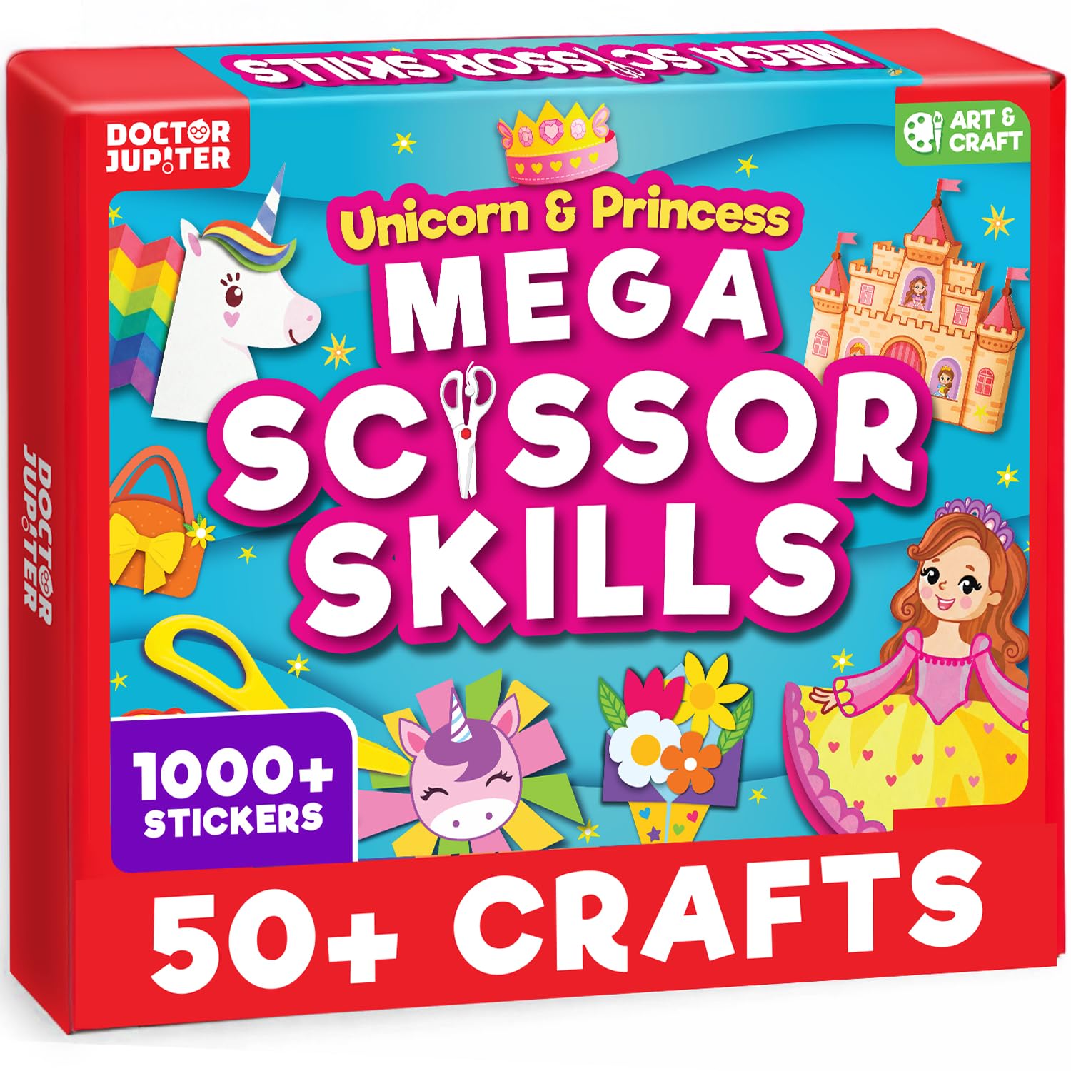 Doctor Jupiter Unicorn & Princess Scissors Skills Craft Kit| Birthday Gift for 3-4-5-6 Year Old Girls| Fine Motor Skills Toys| 50+ Craft Activities with One Child-Safe Scissors & 1000+ Stickers