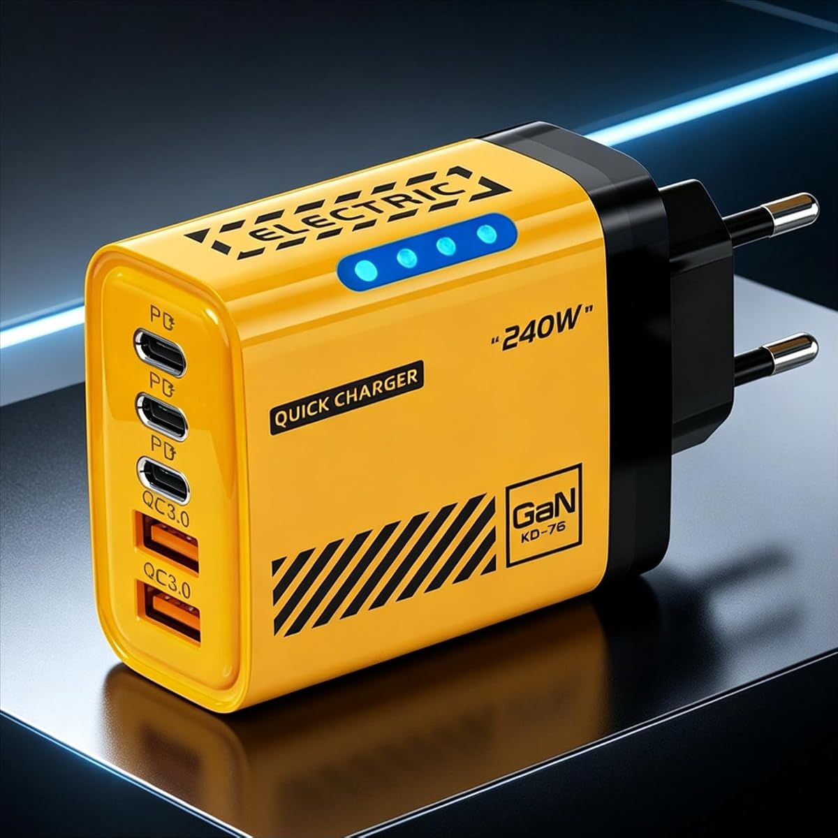 1Pc 240W GaN 5 in 1 USB C Charger, Fast Charging Power Adapter (EU,Yellow) | Fast Simultaneous Charging for IPhone, Samsung, Huawei, Xiaomi, Tablet & Notebook Devices