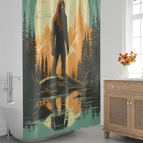 Miniatura 7 de Sasquatch - Divertida cortina de ducha con pie grande retro, juego de cortina de ducha de tela fresca con 12 ganchos para accesorios de decoración