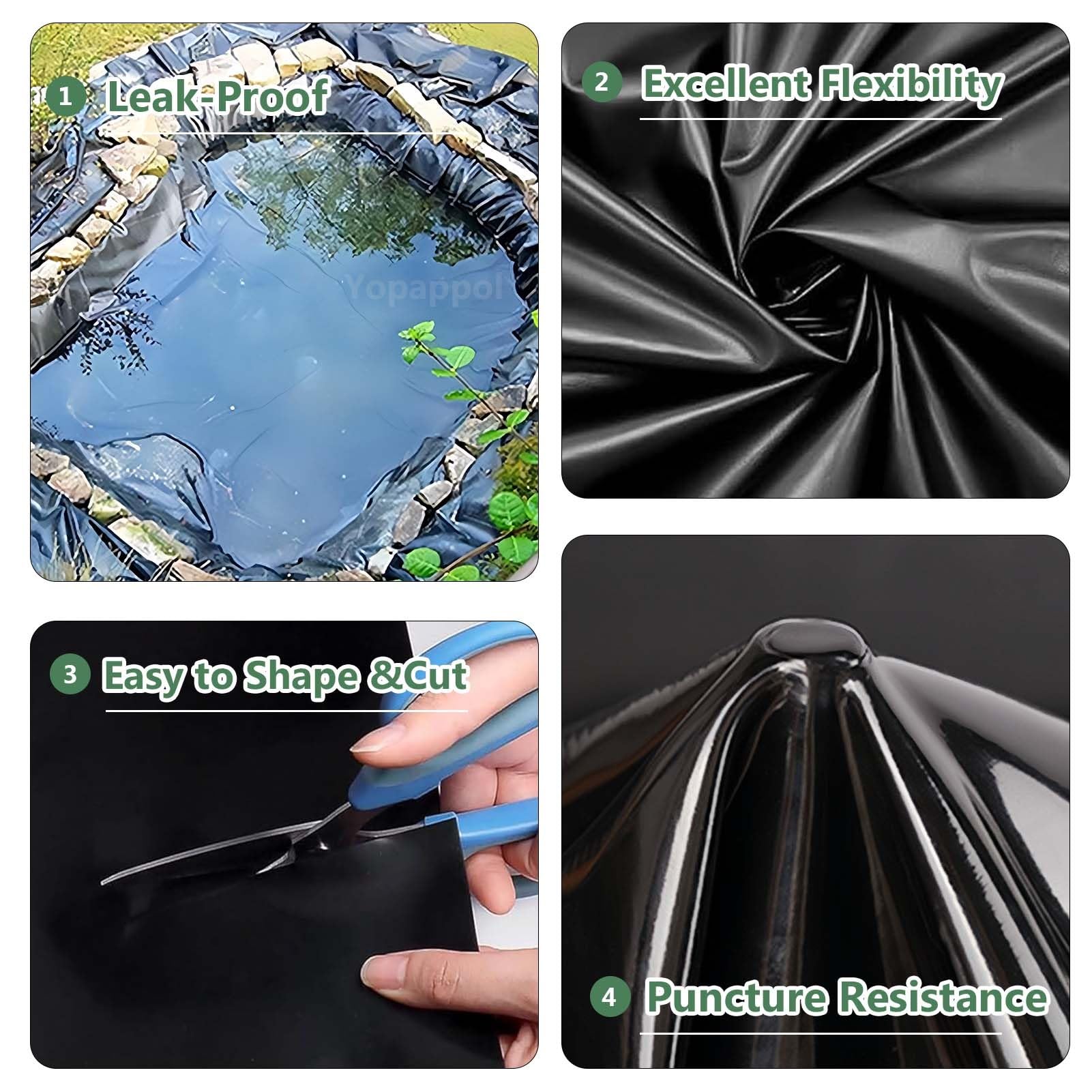 Rivestimento per laghetto in HDPE nero resistente, 6 x 6 m, per laghetti da pesce, paesaggi da giardino, acquacoltura, cascate e stagni con anatre, base resistente per terrazze e uso esterno