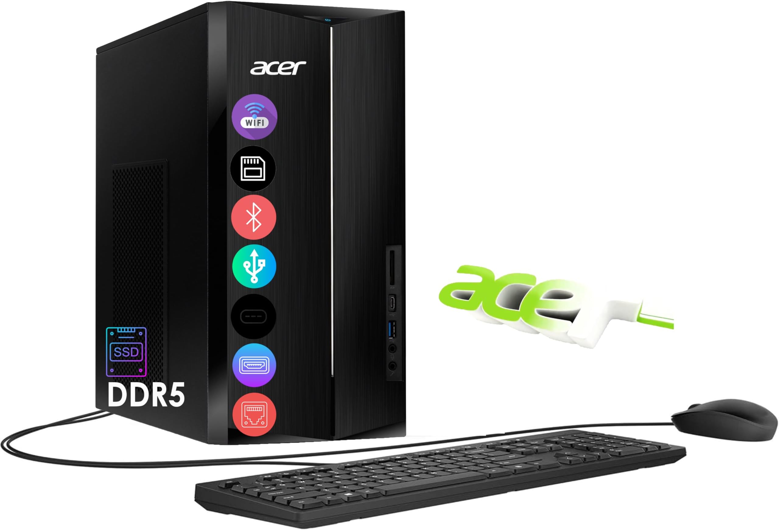 acer Aspire Desktop Tower,14th Gen Intel 10-Core i5-14400 Processor, 16GB DDR5 RAM, 3.0TB Storage(1TB SSD & 2TB HDD), Wi-Fi 6E, Bluetooth, 2 x HDMI Support Dual 4K Monitor, Wins 11, Wired KB & Mouse