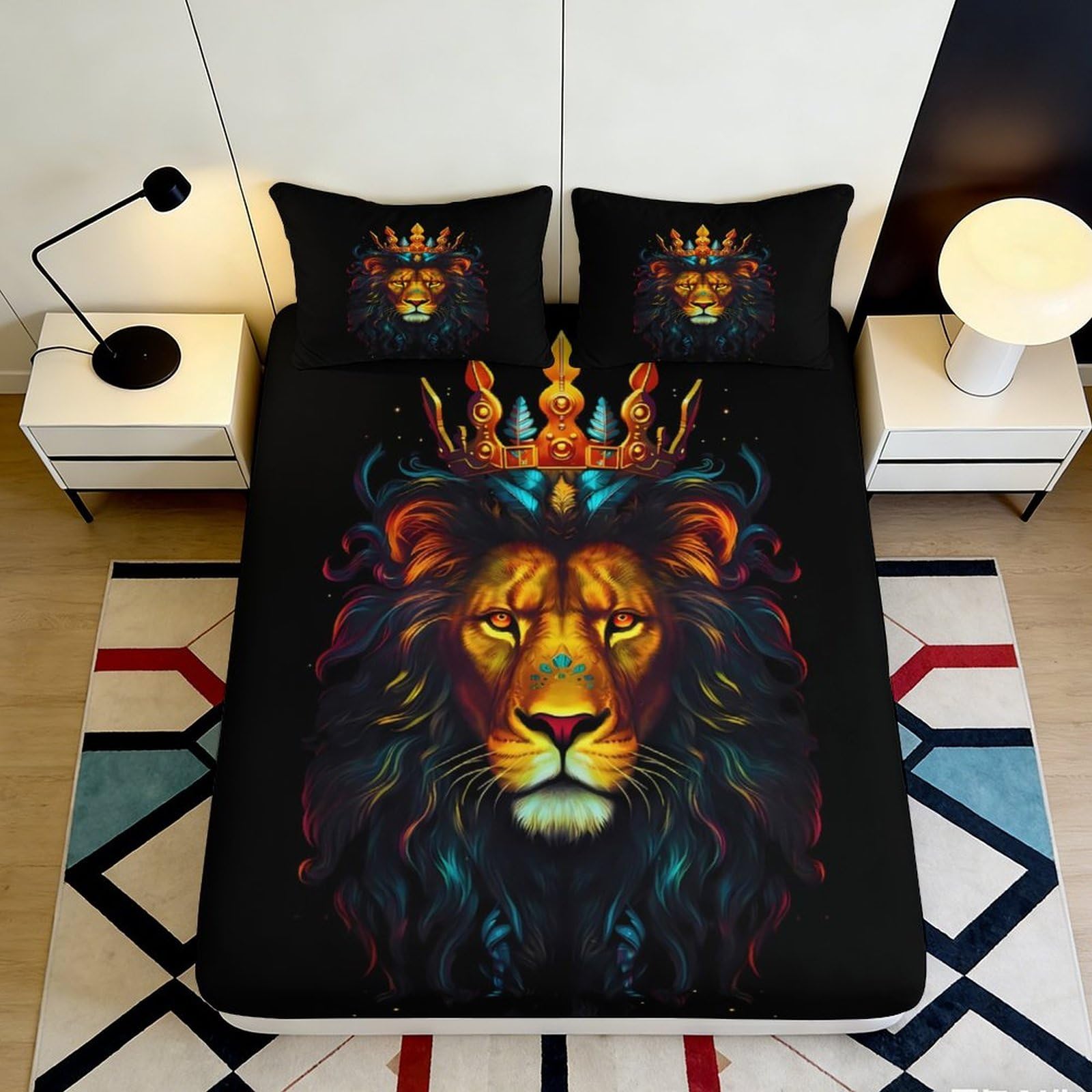 3D Printed Lion King Fitted Sheet Microfiber Soft Black Crown Mattress Cover for Bedroom Dorm Home Decor 90x200x25cm