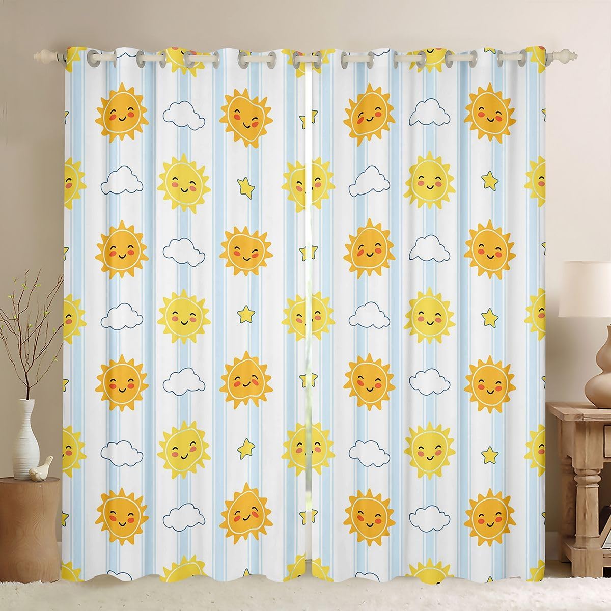 Feelyou Cartoon Sun Blackout Curtains Cloud Printed Darkening Drapes for Bedroom Living Room Decor Stripes Geometric Thermal Insulated Shades Window Treatments, 2 Panels 38 x 54 Inch